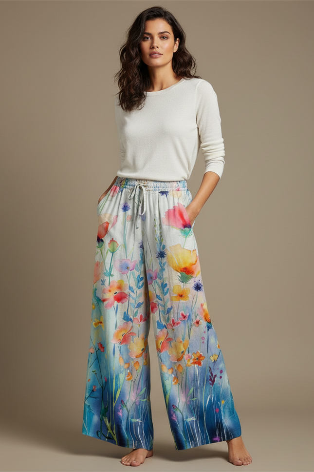 Pantalon Fluide Blanc Et Bleu - Multicolore Lin