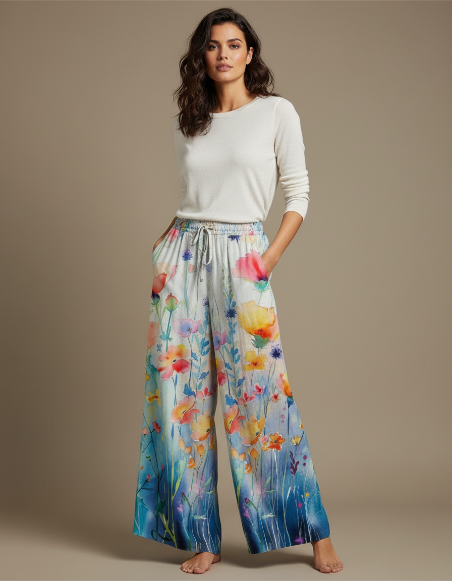 Pantalon Fluide Blanc Et Bleu - Multicolore Lin