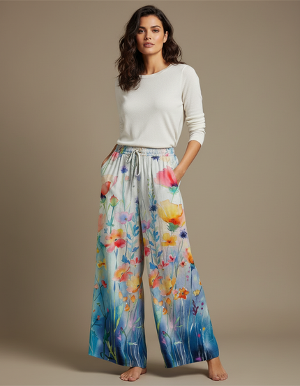 Pantalon Fluide Blanc Et Bleu - Multicolore Lin