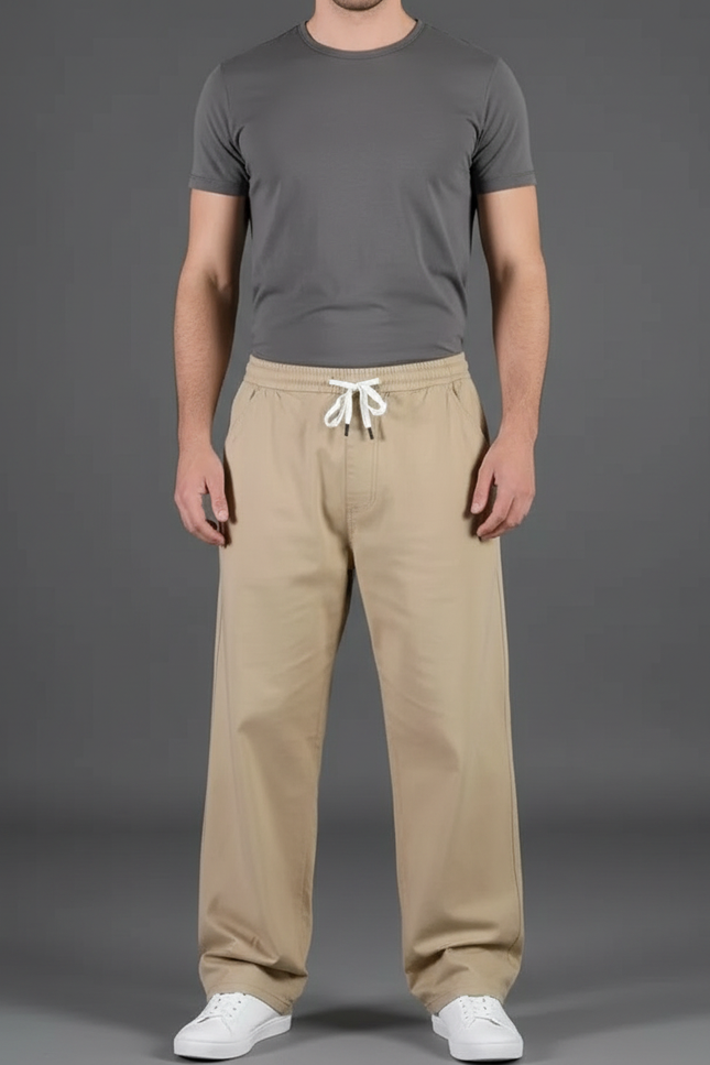 Pantalon Fluide Beige Cordon Ample Décontracté Homme - Toile