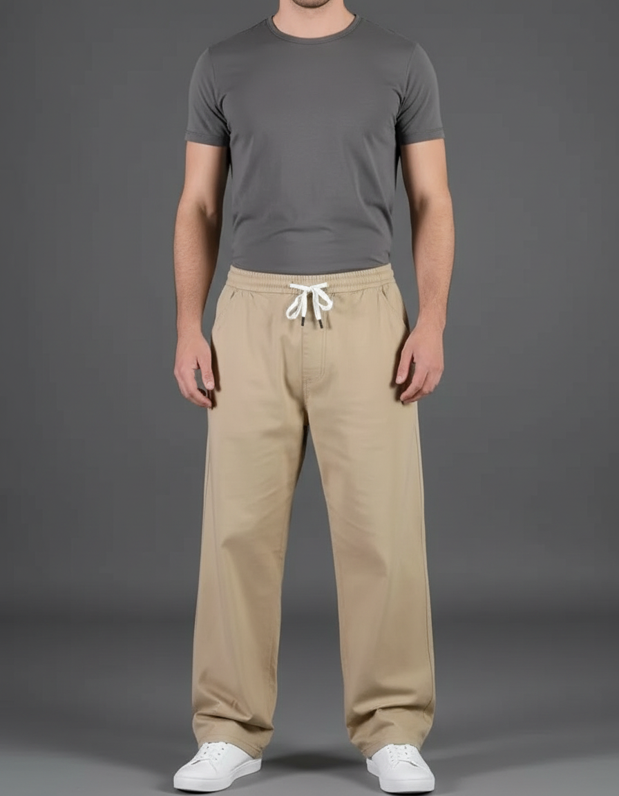 Pantalon Fluide Beige Cordon Ample Décontracté Homme - Toile