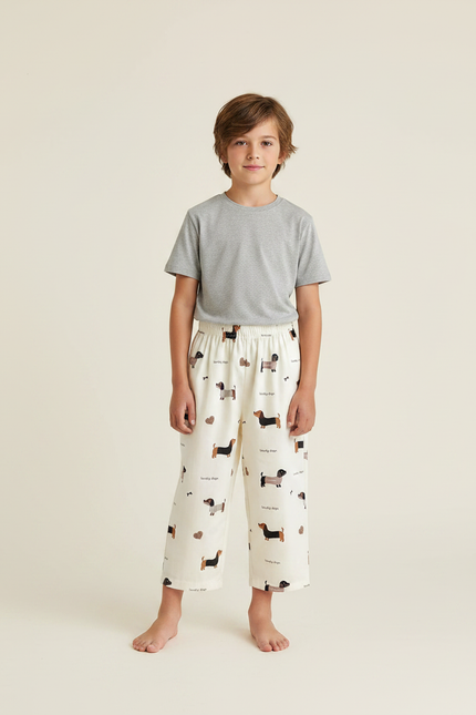 Pantalon Fluide Blanc Imprimé Chiens Coton Décontracté Enfant