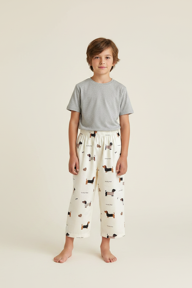Pantalon Fluide Blanc Imprimé Chiens Coton Décontracté Enfant