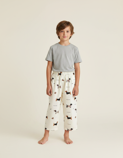 Pantalon Fluide Blanc Imprimé Chiens Coton Décontracté Enfant