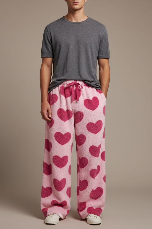 Pantalon Fluide Rose Cœurs Polaire Ample Doux - Molleton