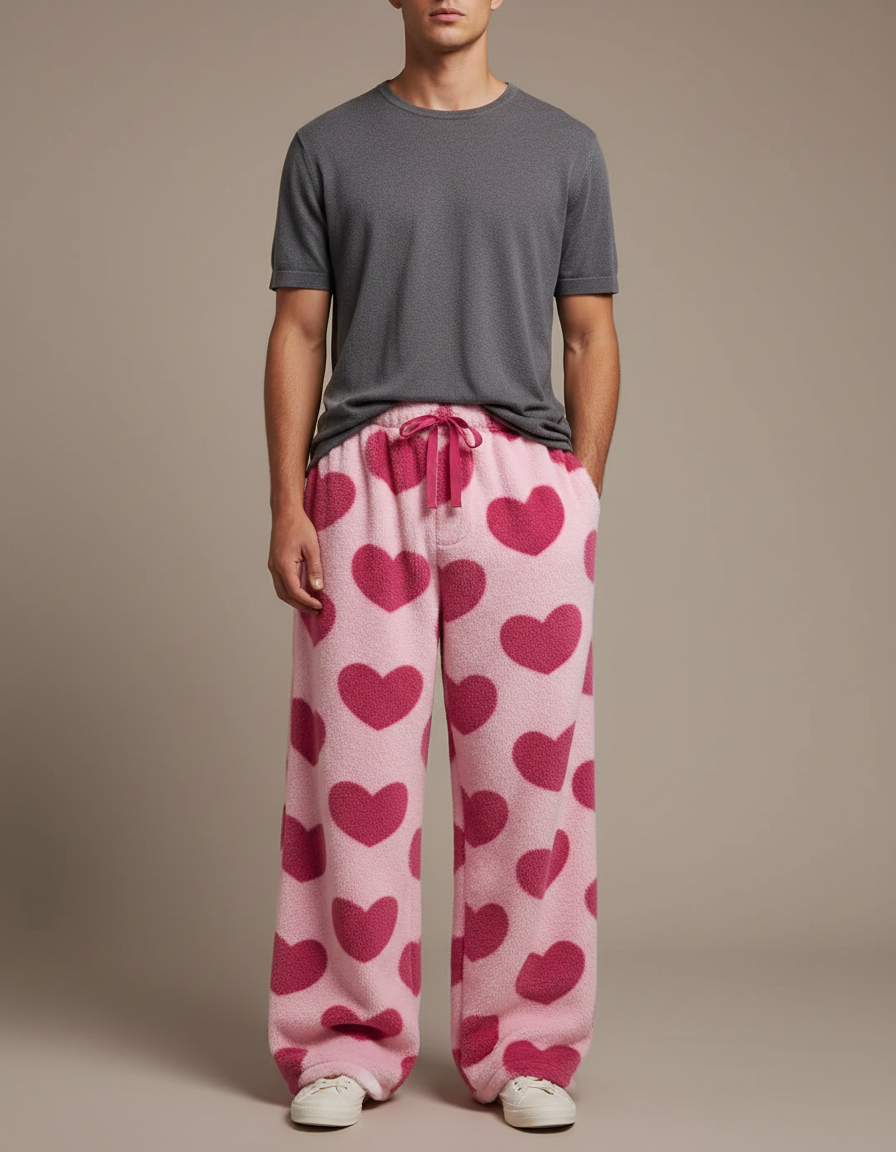 Pantalon Fluide Rose Cœurs Polaire Ample Doux - Molleton
