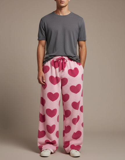Pantalon Fluide Rose Cœurs Polaire Ample Doux - Molleton