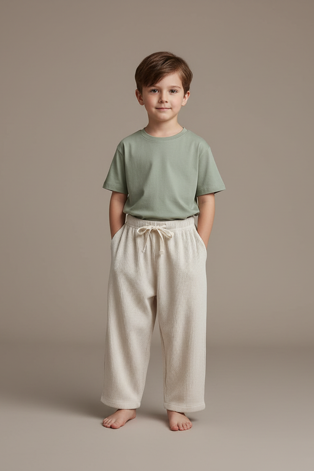 Pantalon Fluide Beige Côtelé Ample Cordon Enfant - Cordé