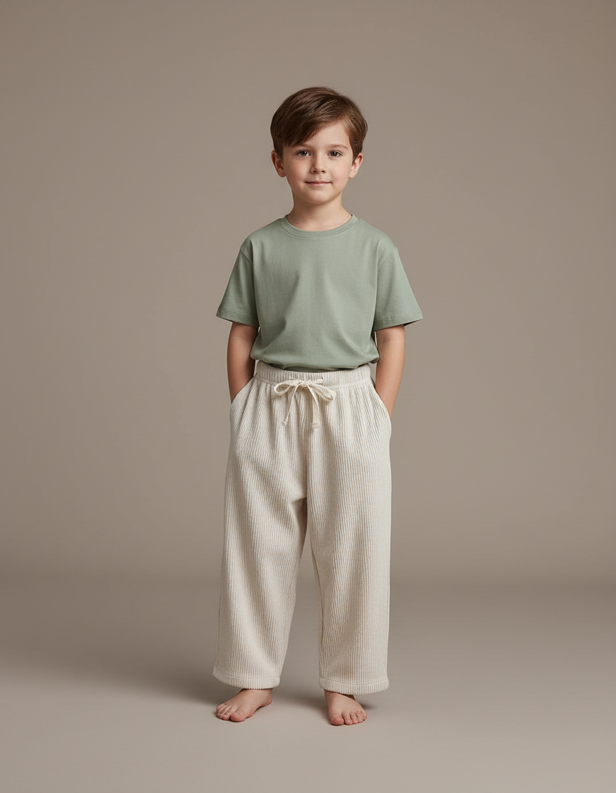 Pantalon Fluide Beige Côtelé Ample Cordon Enfant - Cordé