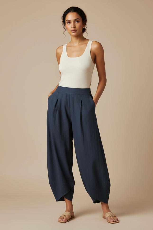 Pantalon Fluide Bleu Marine Ample Coton Lin Décontracté