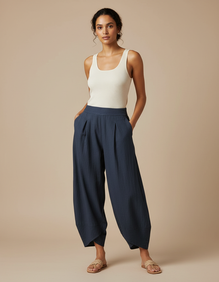 Pantalon Fluide Bleu Marine Ample Coton Lin Décontracté