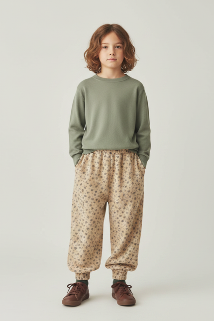 Pantalon Fluide Beige Floral Ample Coton Enfant - Molleton