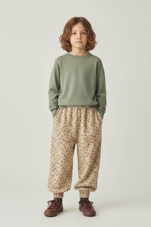 Pantalon Fluide Beige Floral Ample Coton Enfant - Molleton
