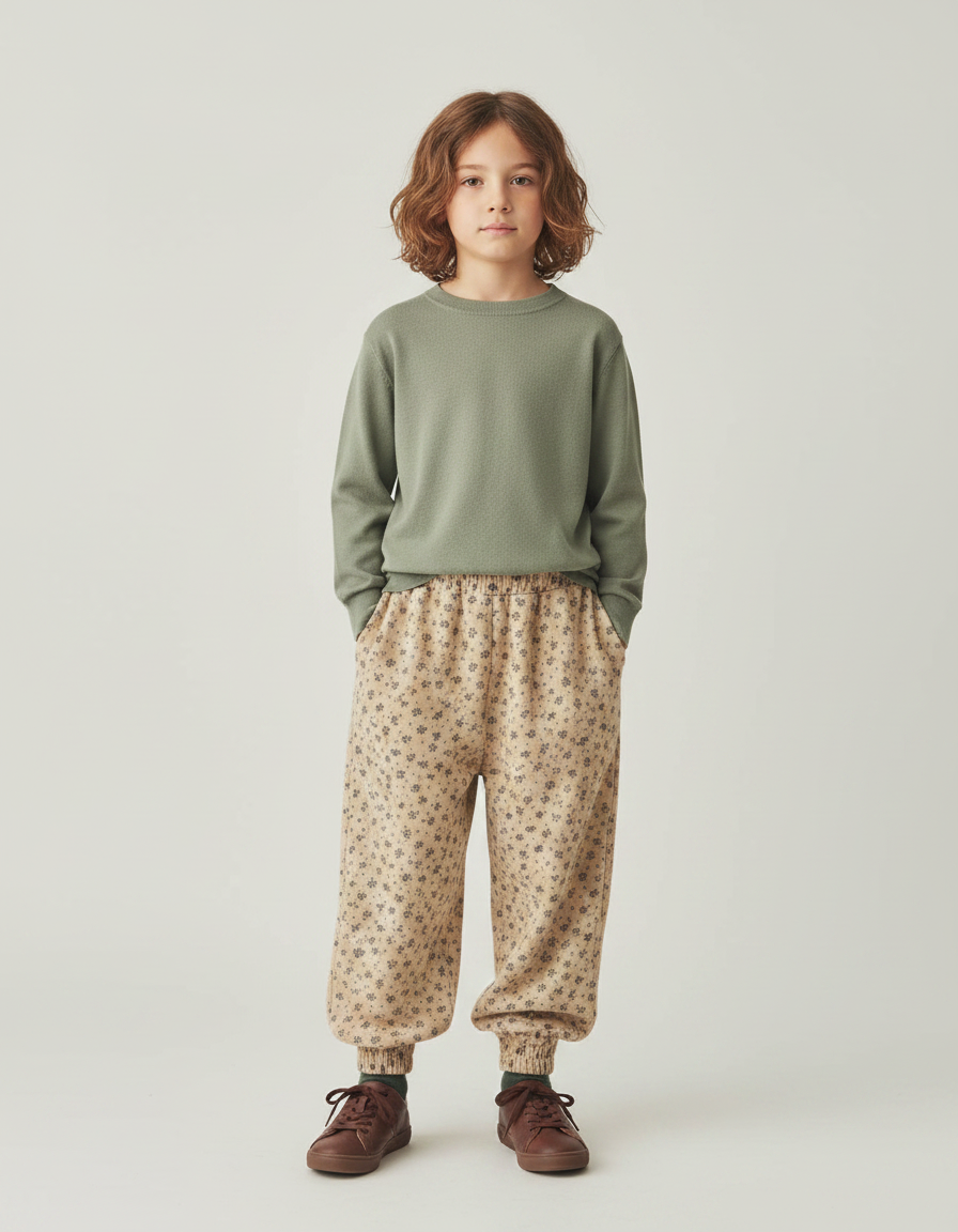 Pantalon Fluide Beige Floral Ample Coton Enfant - Molleton