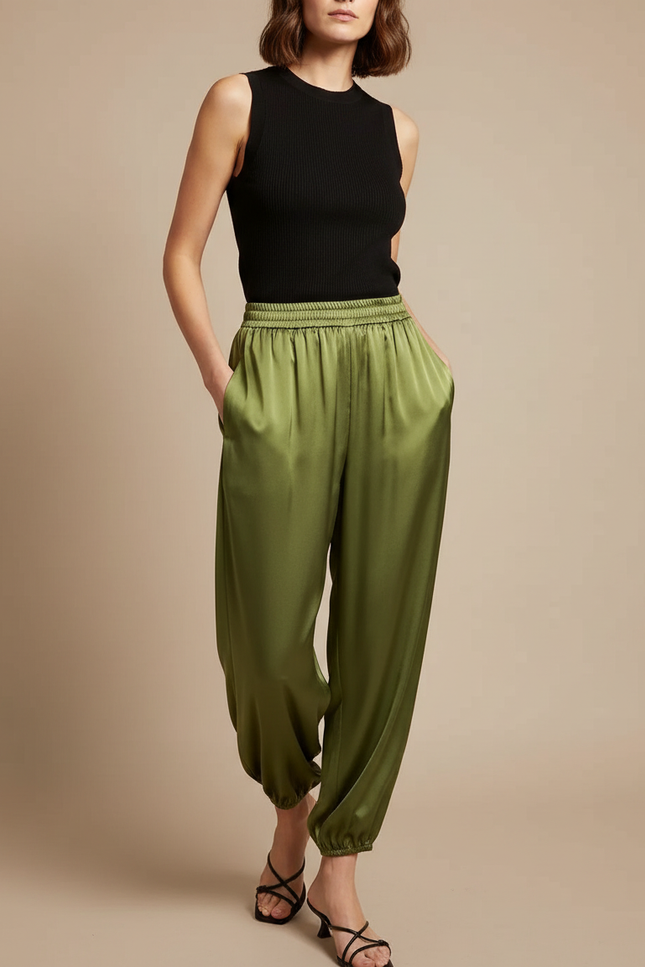 Pantalon Fluide Satiné Vert Ample Cheville Décontracté