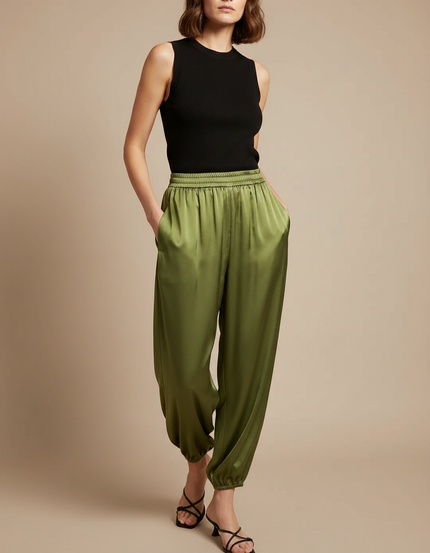 Pantalon Fluide Satiné Vert Ample Cheville Décontracté