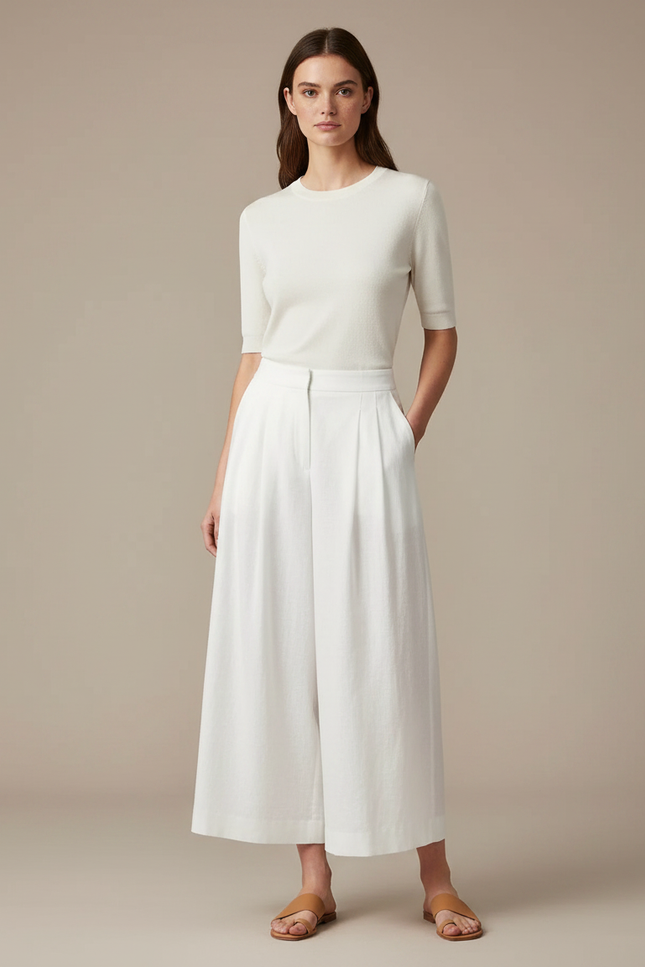 Pantalon Fluide Blanc Ample Plissé Confortable - Lin