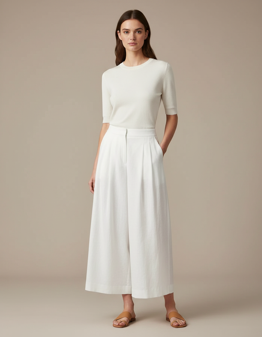 Pantalon Fluide Blanc Ample Plissé Confortable - Lin