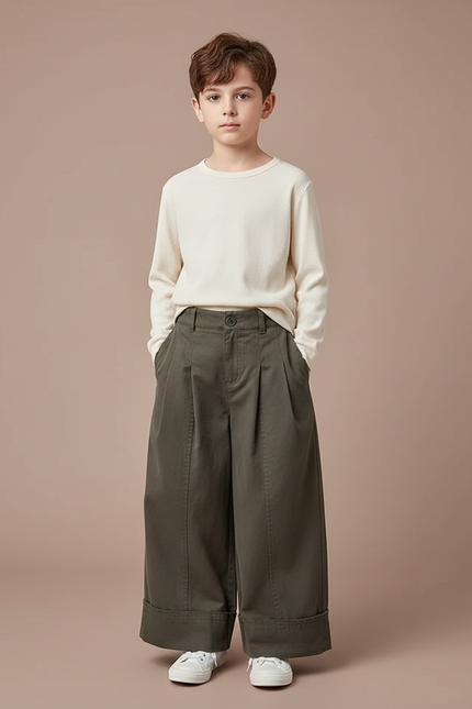 Pantalon Fluide Kaki Ample Coton Décontracté Garçon