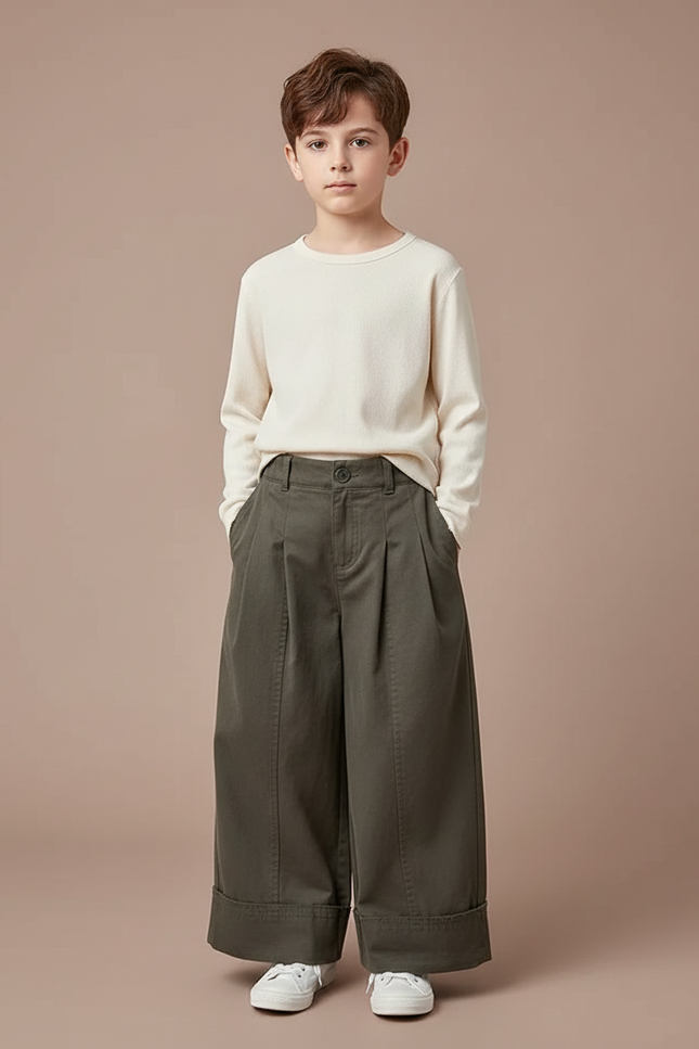 Pantalon Fluide Kaki Ample Coton Décontracté Garçon