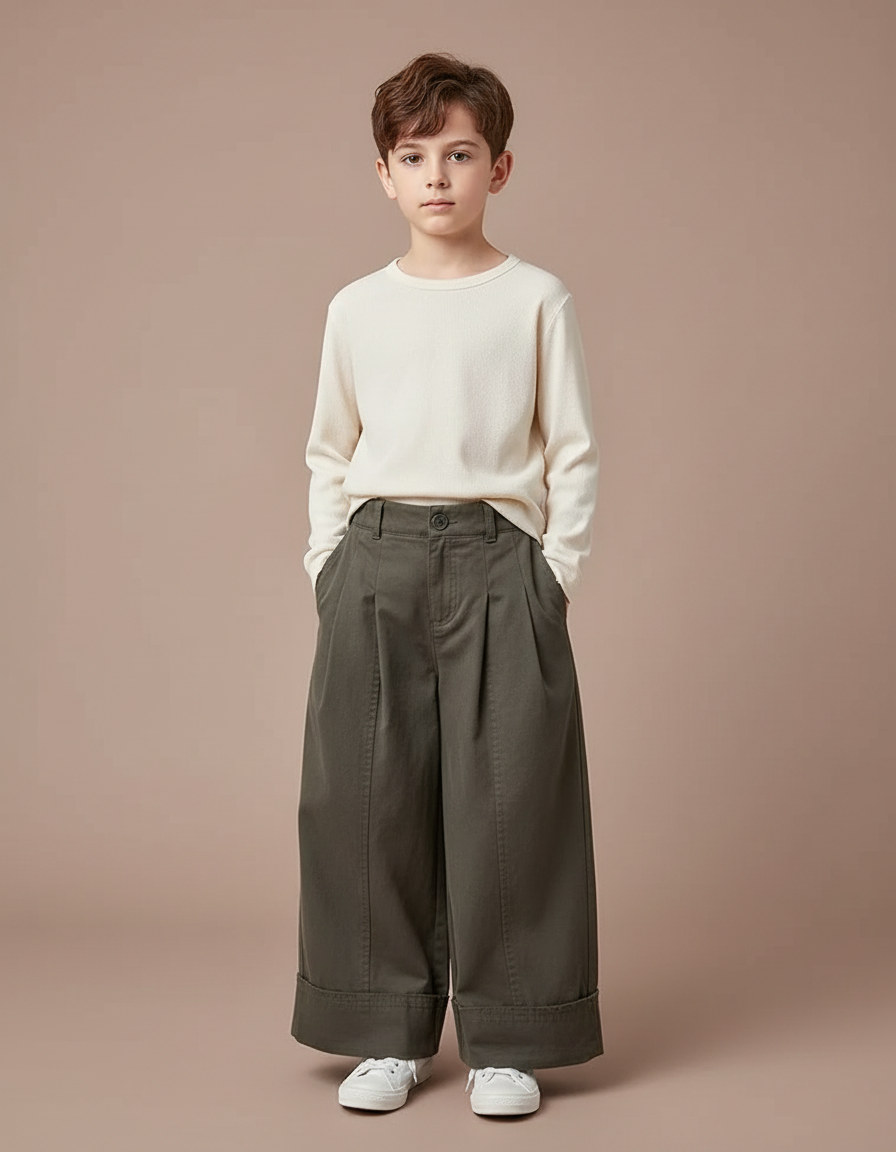 Pantalon Fluide Kaki Ample Coton Décontracté Garçon