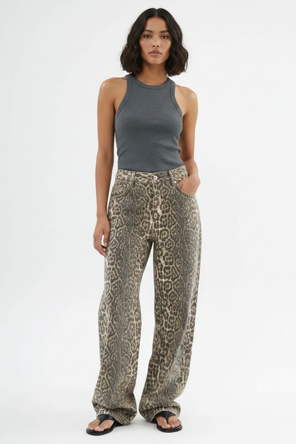 Pantalon Fluide Léopard Kaki Ample Décontracté Femme - Jean