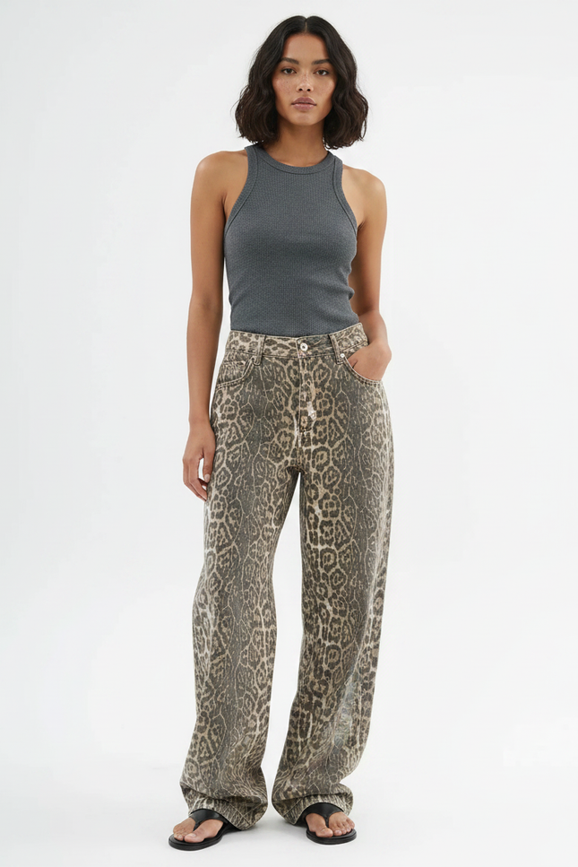 Pantalon Fluide Léopard Kaki Ample Décontracté Femme - Jean