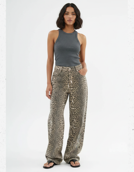 Pantalon Fluide Léopard Kaki Ample Décontracté Femme - Jean