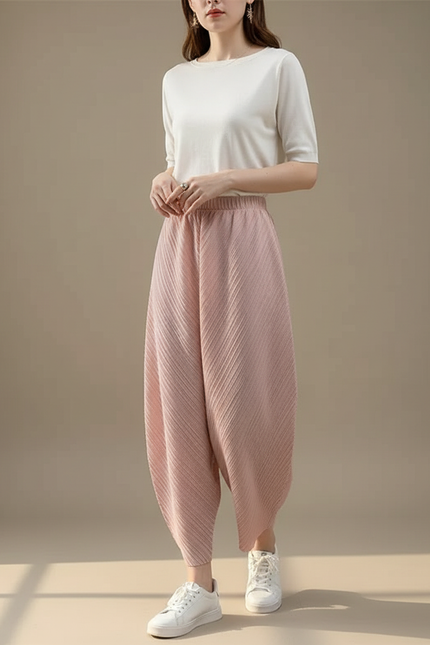 Pantalon Fluide Plissé Rose Ample Confortable Décontracté - Polyester