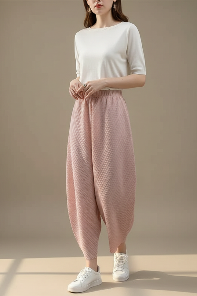 Pantalon Fluide Plissé Rose Ample Confortable Décontracté - Polyester