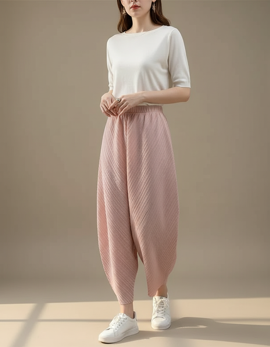 Pantalon Fluide Plissé Rose Ample Confortable Décontracté - Polyester