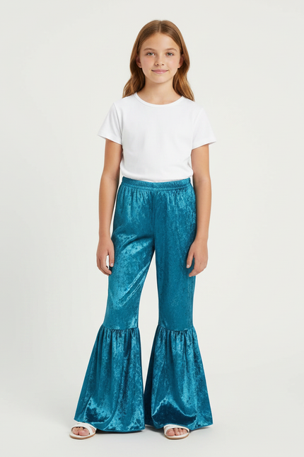 Pantalon Fluide Velours Bleu Canard Évasé Enfant