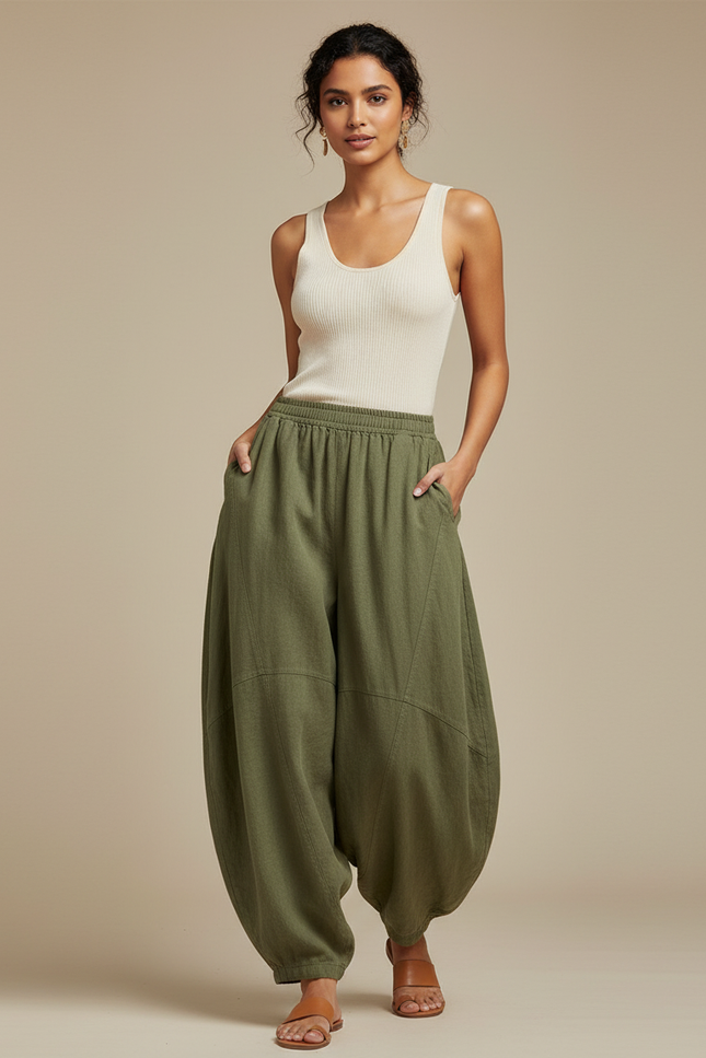 Pantalon Fluide Vert Ample Lin Coton Décontracté - Kaki
