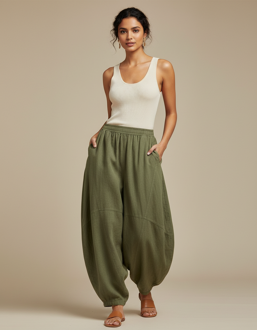 Pantalon Fluide Vert Ample Lin Coton Décontracté - Kaki