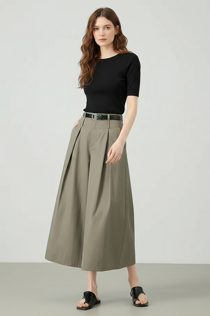 Pantalon Fluide Kaki Ample Plissé Décontracté Coton