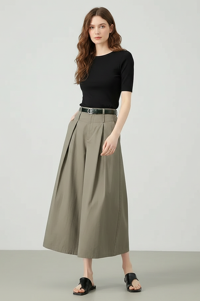 Pantalon Fluide Kaki Ample Plissé Décontracté Coton