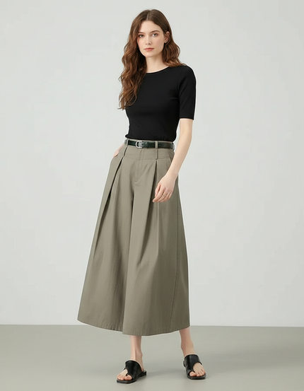 Pantalon Fluide Kaki Ample Plissé Décontracté Coton