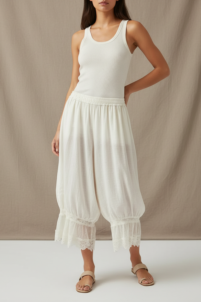 Pantalon Fluide Blanc Ample Dentelle Coton Bohème