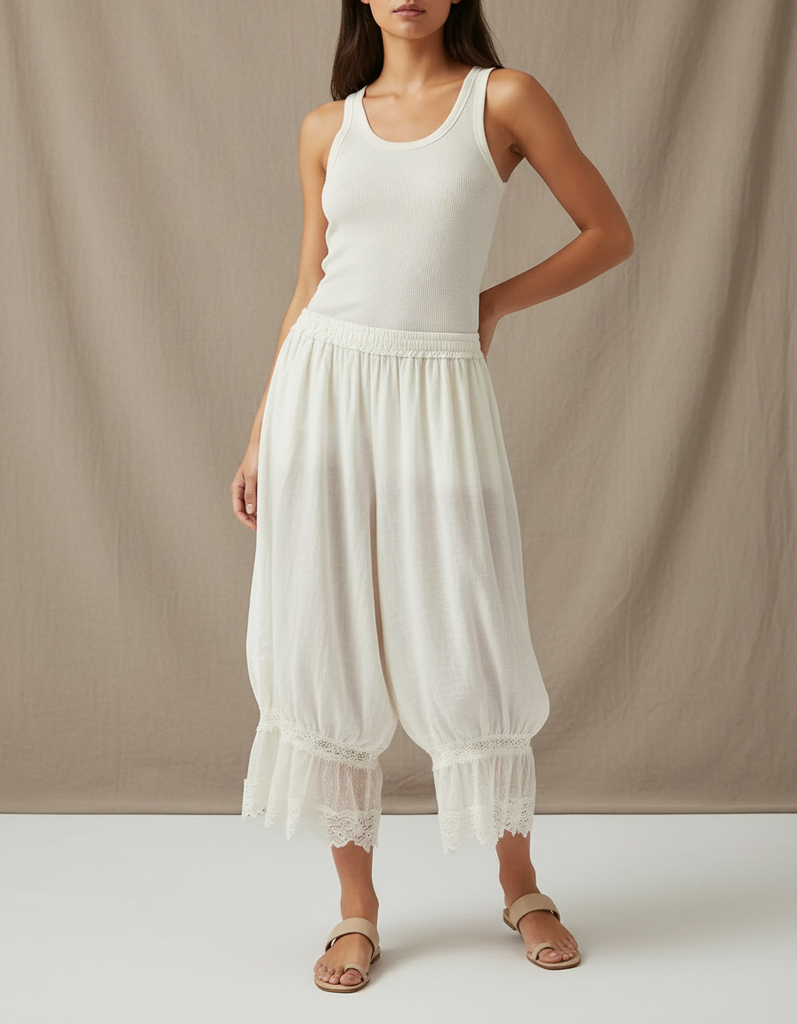 Pantalon Fluide Blanc Ample Dentelle Coton Bohème