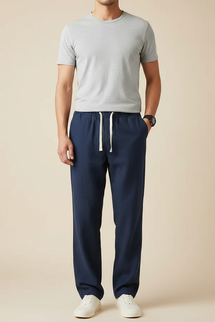 Pantalon Fluide Bleu Marine Lin Ample Cordon Décontracté Homme