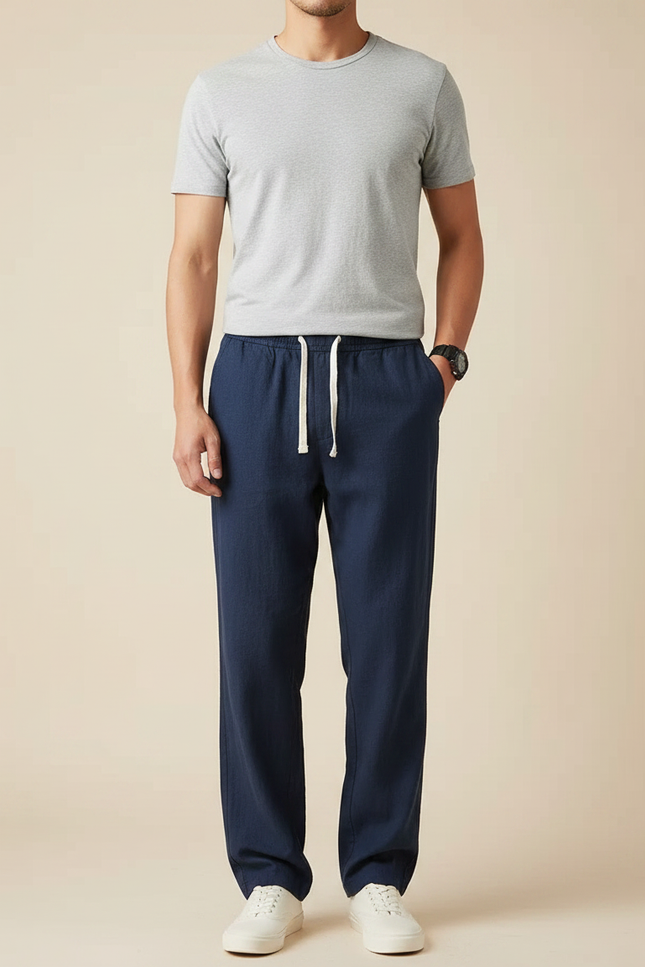 Pantalon Fluide Bleu Marine Lin Ample Cordon Décontracté Homme
