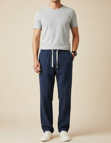 Pantalon Fluide Bleu Marine Lin Ample Cordon Décontracté Homme