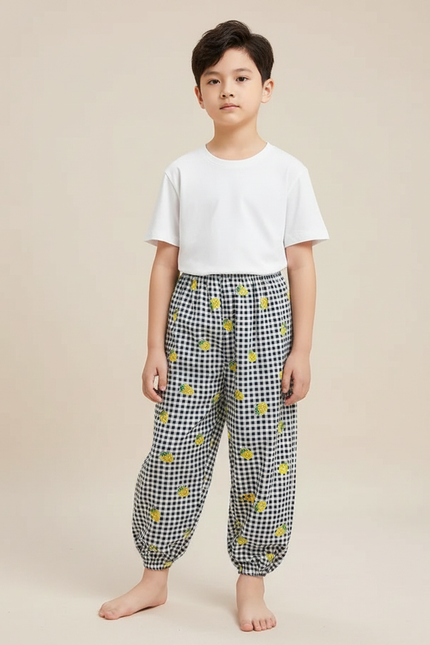 Pantalon Fluide Carreaux Ananas Confortable Ample Enfant - Imprimé Coton