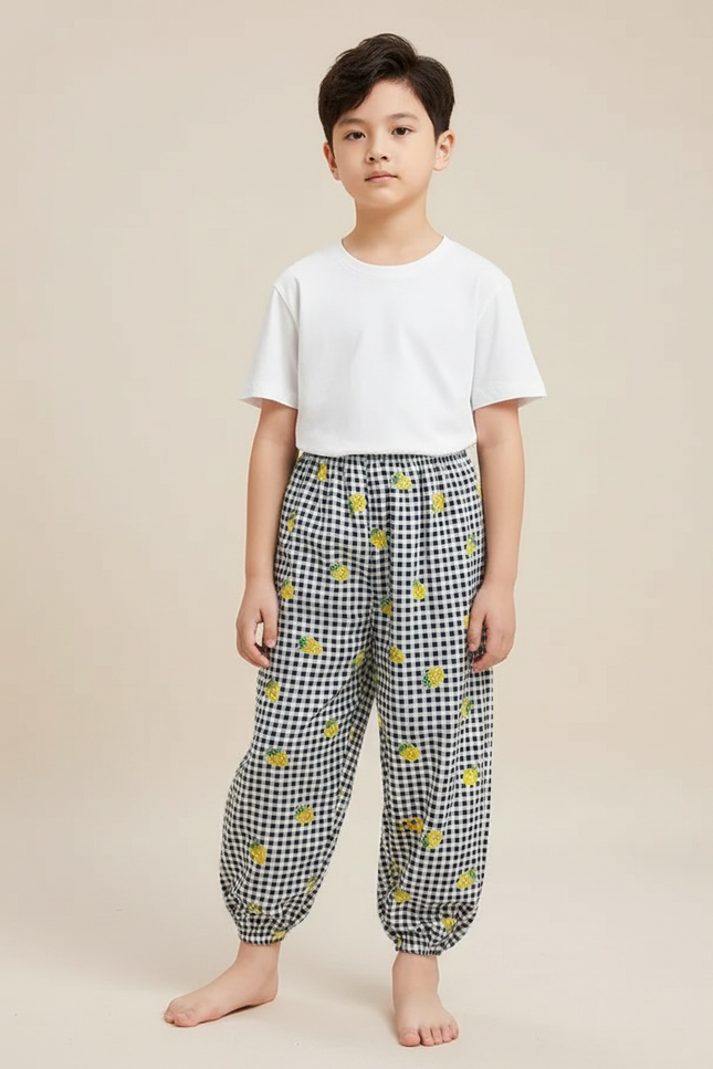 Pantalon Fluide Carreaux Ananas Confortable Ample Enfant - Imprimé Coton