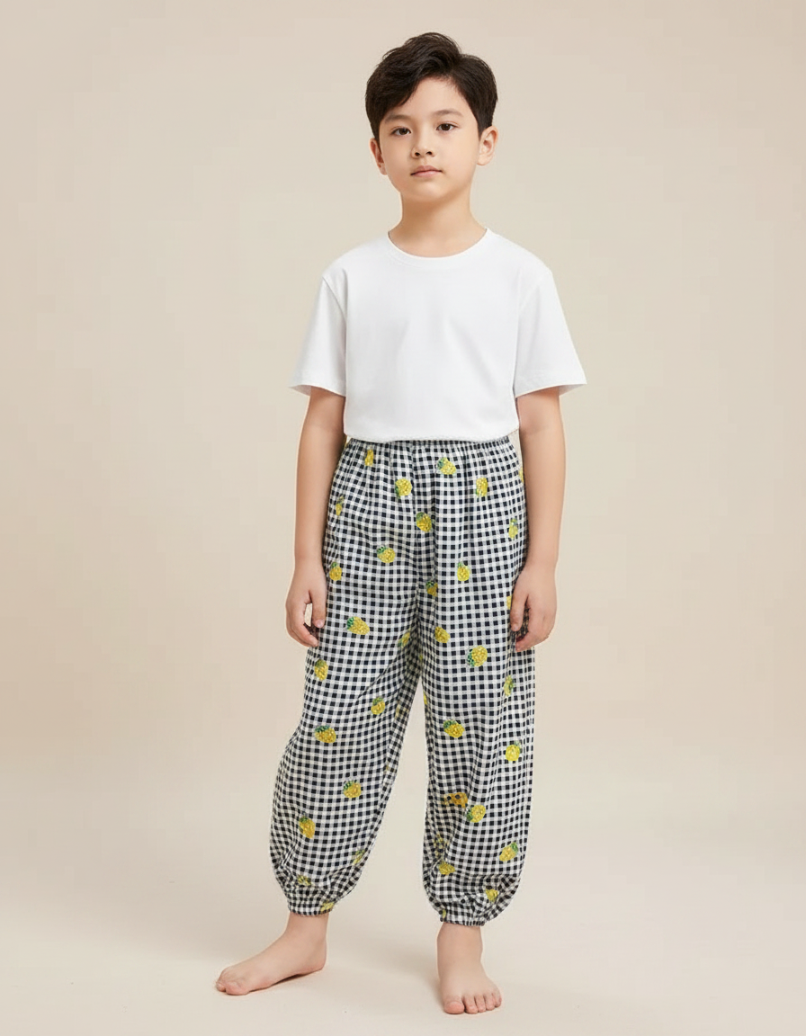Pantalon Fluide Carreaux Ananas Confortable Ample Enfant - Imprimé Coton