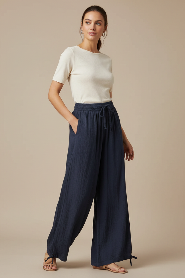 Pantalon Fluide Bleu Marine Ample Coton Cordon Femme