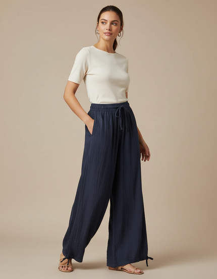 Pantalon Fluide Bleu Marine Ample Coton Cordon Femme