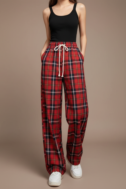 Pantalon Fluide Rouge Carreaux Ample Décontracté Femme - Molleton