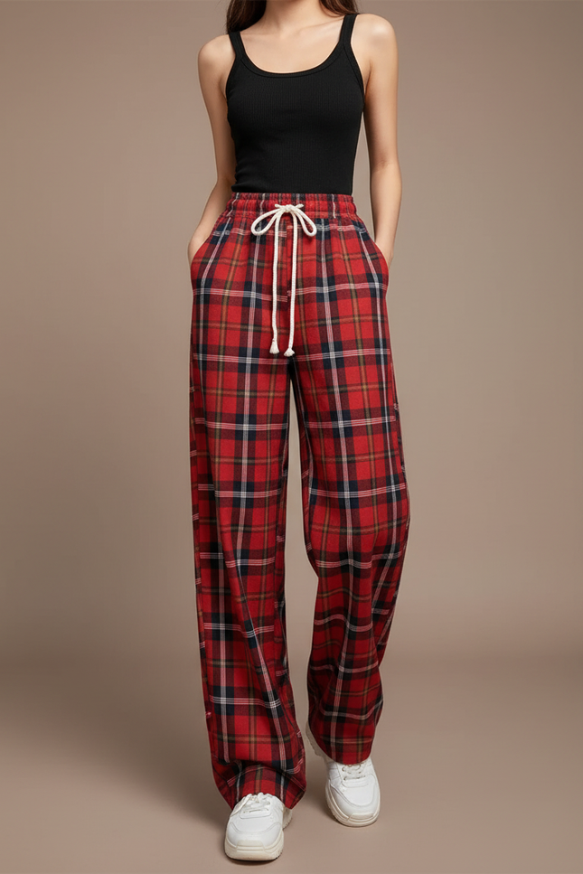 Pantalon Fluide Rouge Carreaux Ample Décontracté Femme - Molleton