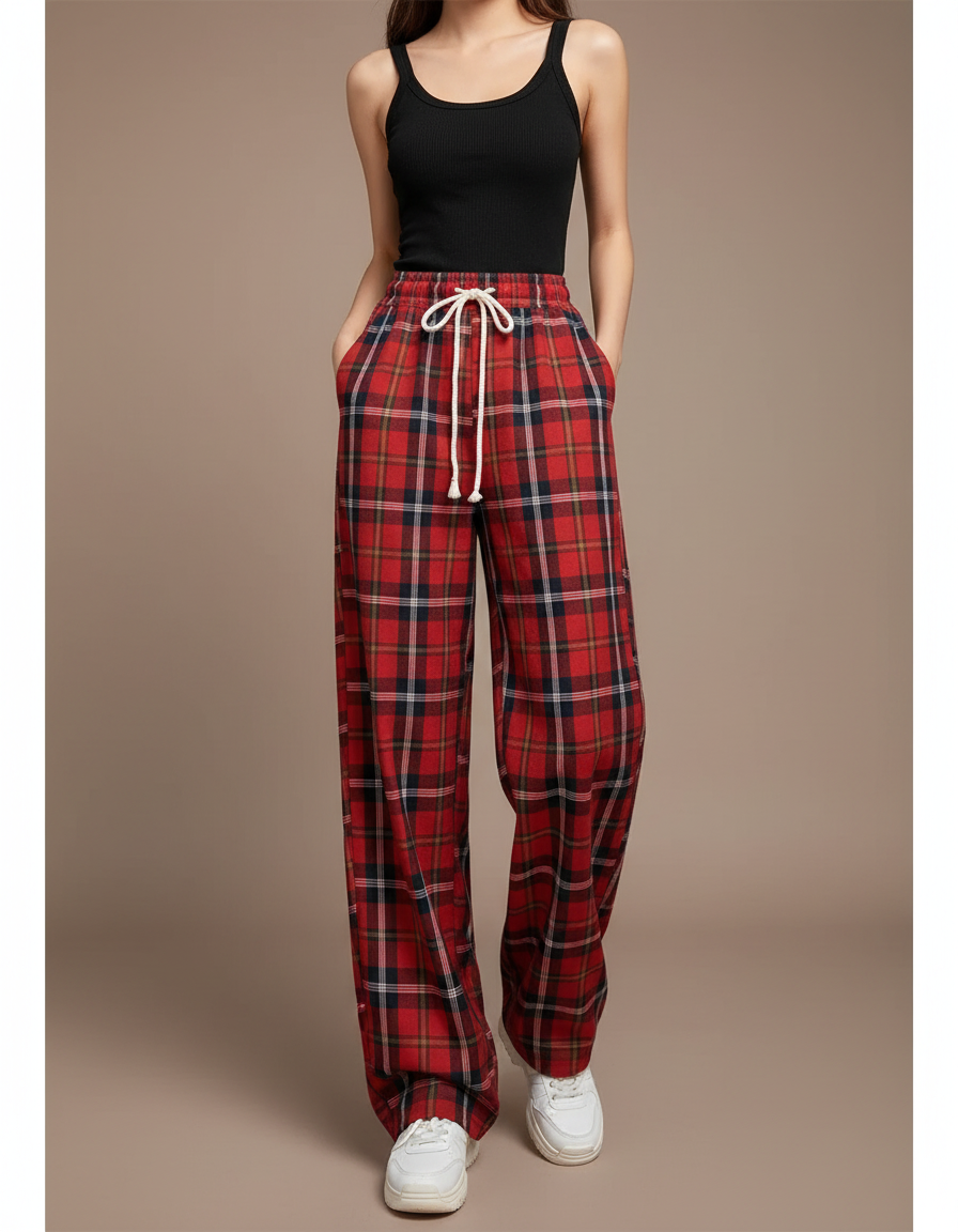 Pantalon Fluide Rouge Carreaux Ample Décontracté Femme - Molleton